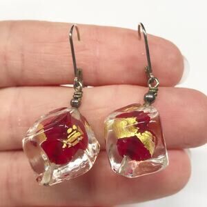 AIL Aluma Signed Venetian Ice Cube Gold Foil Drop Earrings Sterling Silver 925